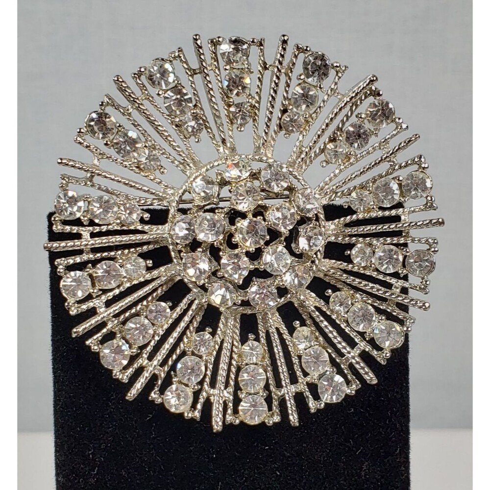 Vintage Large Sunburst Crystal Rhinestone 2.5" Silver Tone Brooch - Picture 5 of 16